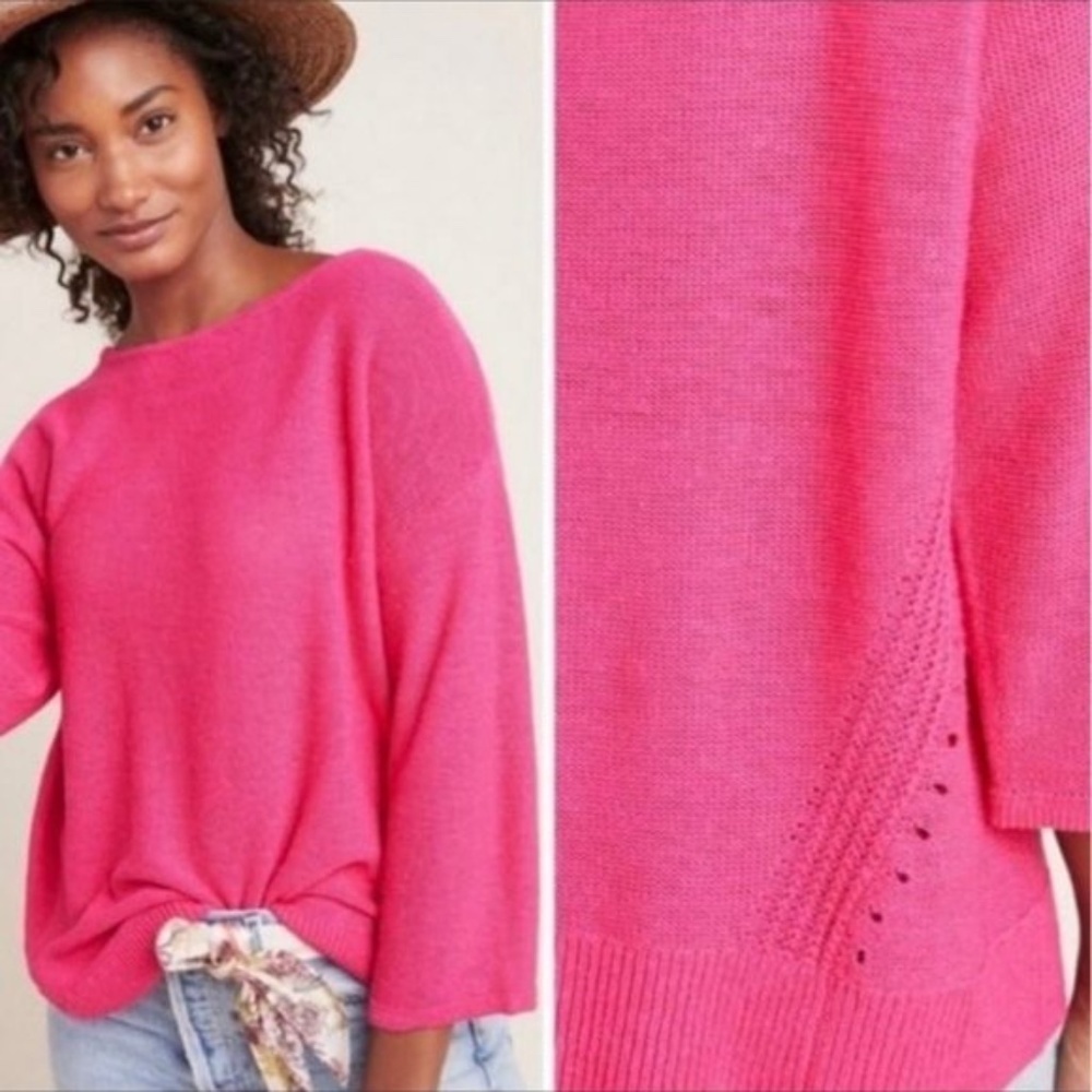 Anthropologie Mayfield Linen Blend Knit Pullover Sweater Hot Pink‎ Fuchsi…